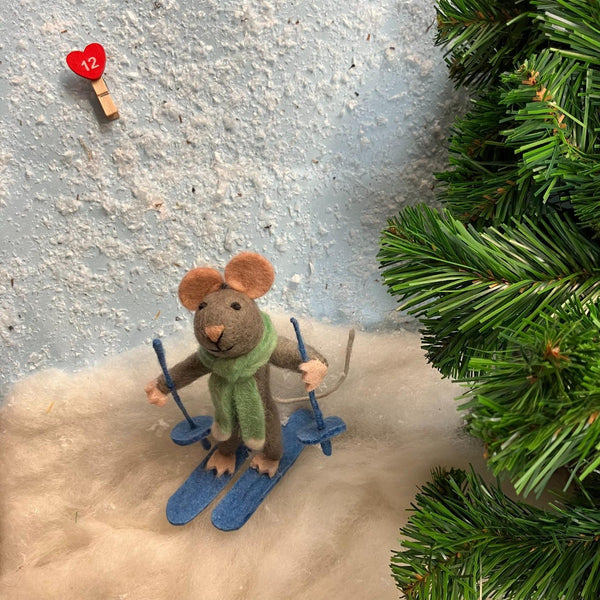 Handmade Felt Sylvia the Skiing Mouse Christmas Hanging Decoration