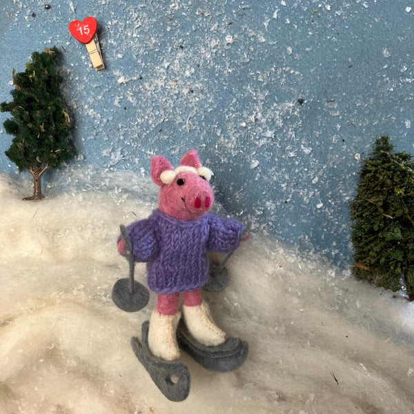 Handmade Felt Neive the Skiing Pig Hanging Decoration