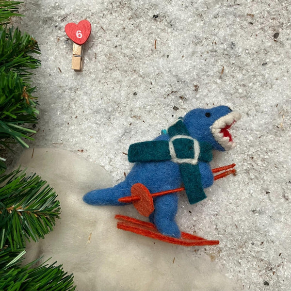 Handmade Felt Skiing Dinosaur Hanging Decoration