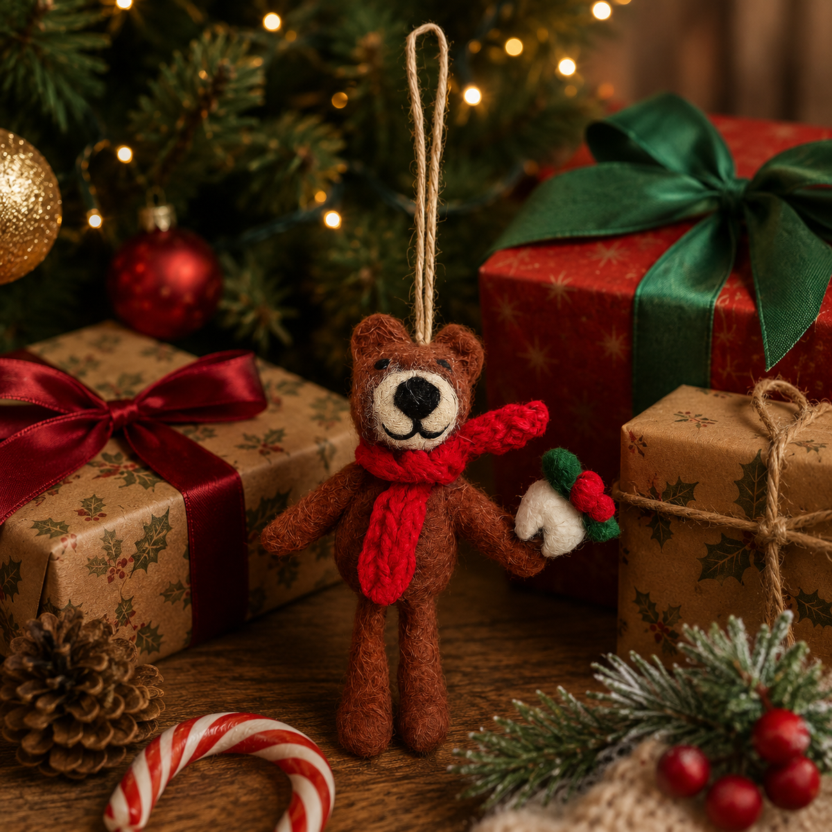 Handmade Felt Christmas Pudding Bear Hanging Decoration