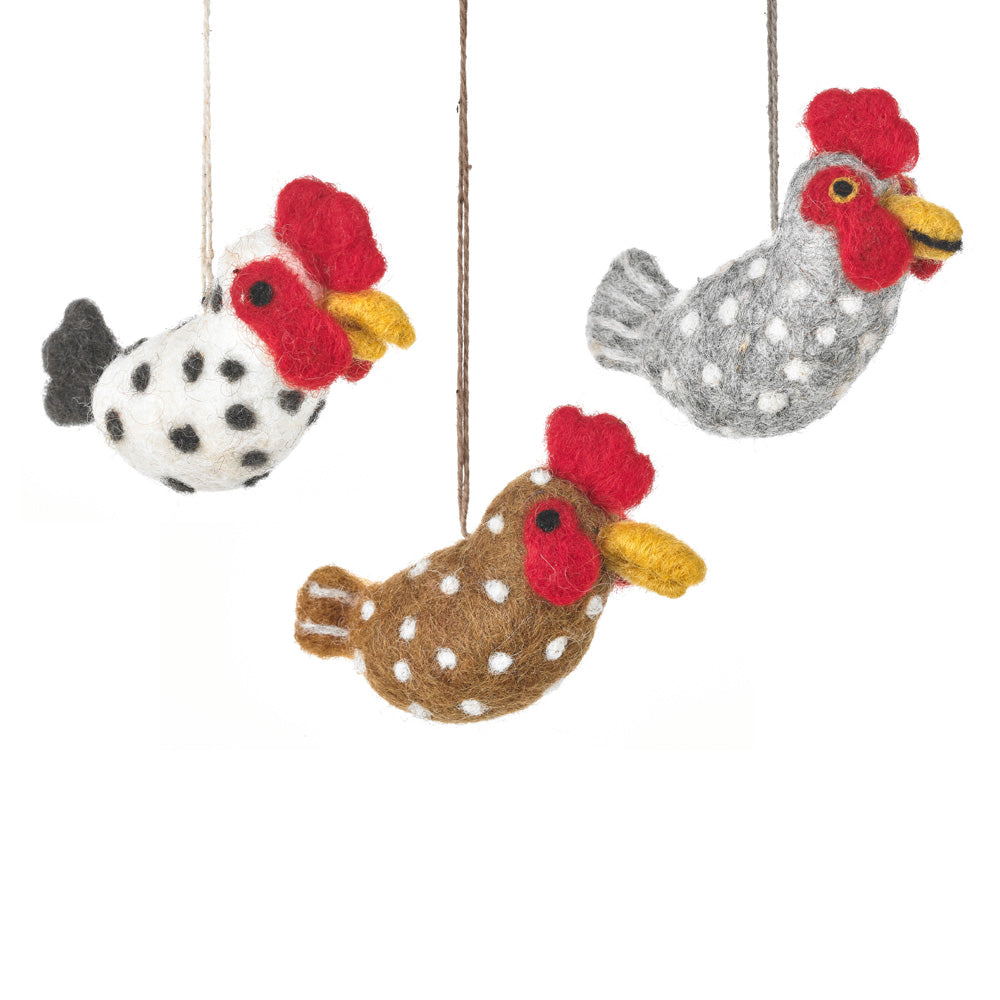 Handmade Needle Felt Farmhouse Chickens Set of 3 Hanging Decorations