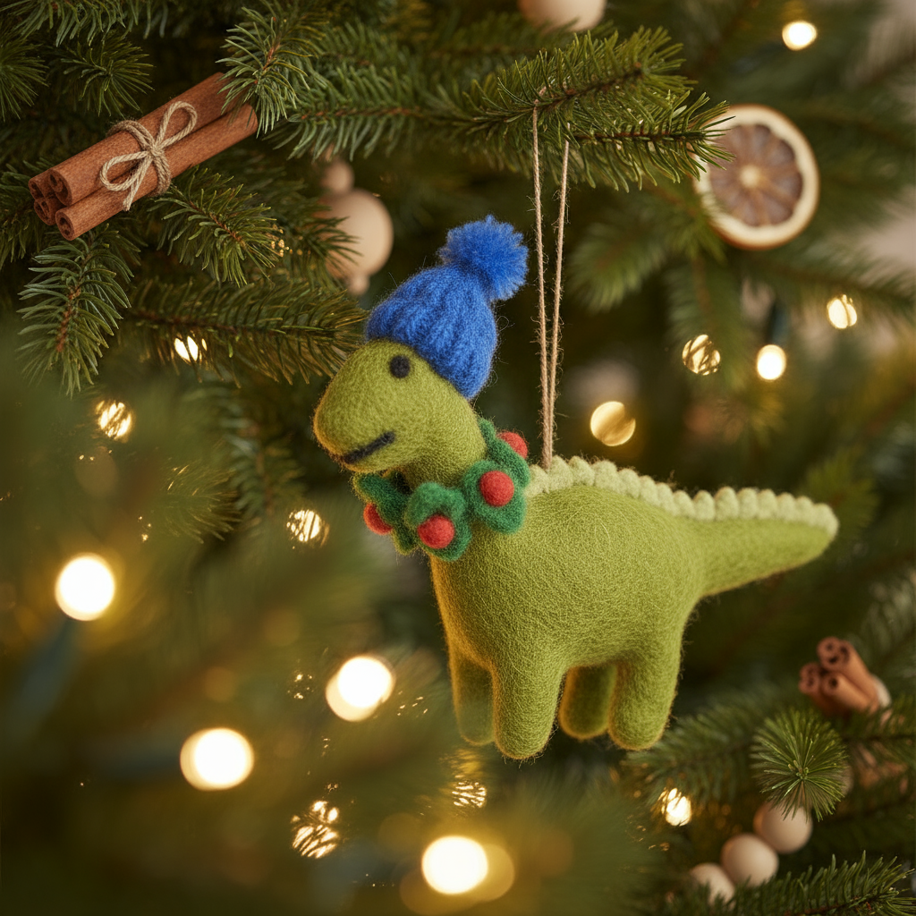 Handmade Biodegradable Felt Hanging Cosy Dinosaur Christmas Tree Decoration