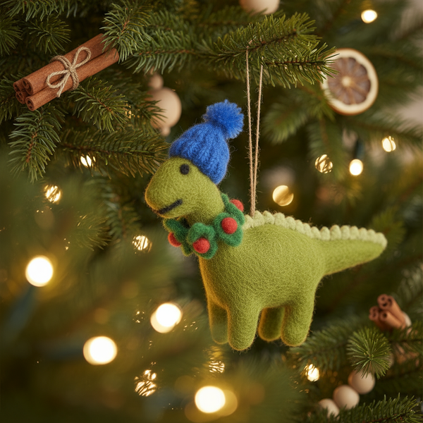 Handmade Biodegradable Felt Hanging Cosy Dinosaur Christmas Tree Decoration
