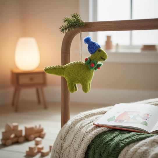 Handmade Biodegradable Felt Hanging Cosy Dinosaur Christmas Tree Decoration