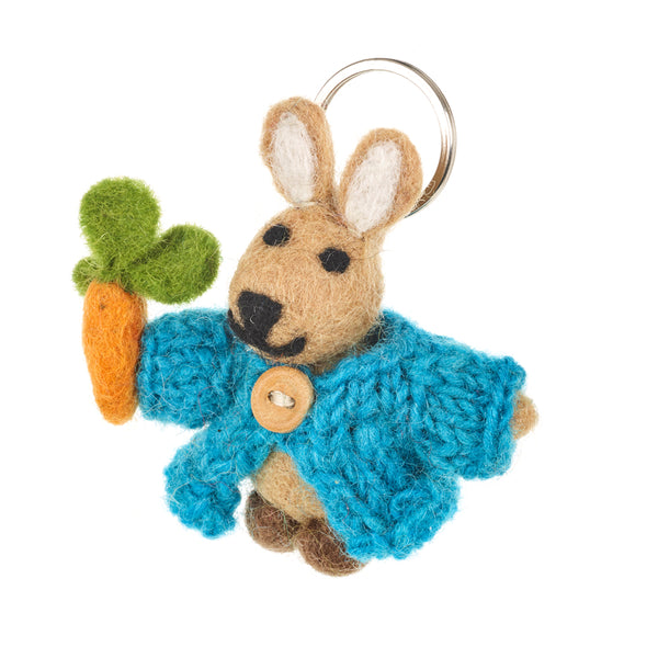 Handmade Fair trade Needle Felt Rabbit in Cardigan Keyring