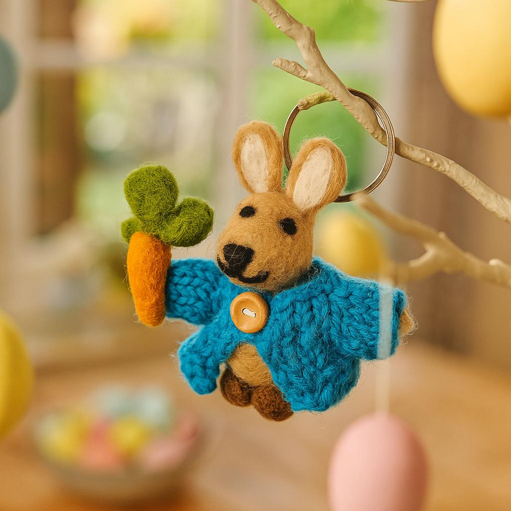 Handmade Fair trade Needle Felt Rabbit in Cardigan Keyring