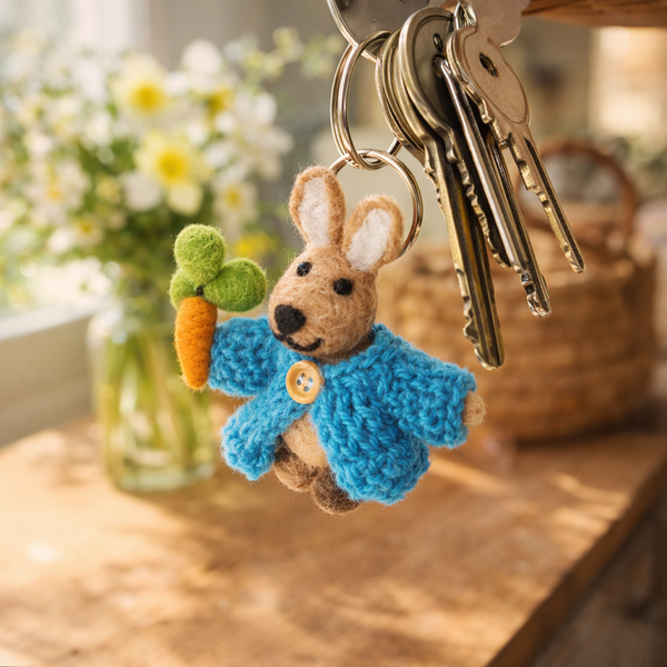 Handmade Fair trade Needle Felt Rabbit in Cardigan Keyring