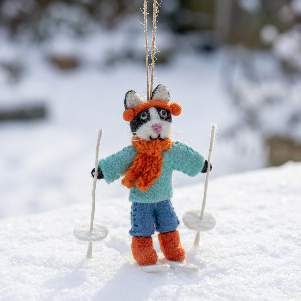 Handmade Felt Alpine Feline Skiing Cat Christmas Decoration