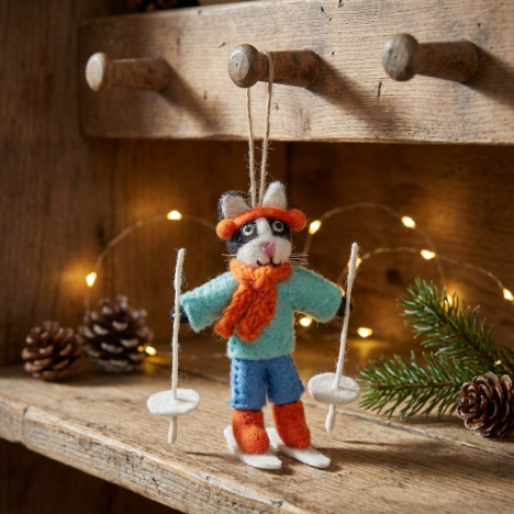 Handmade Felt Alpine Feline Skiing Cat Christmas Decoration