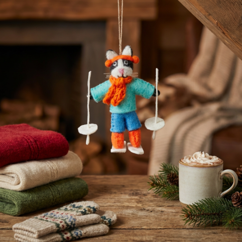 Handmade Felt Alpine Feline Skiing Cat Christmas Decoration