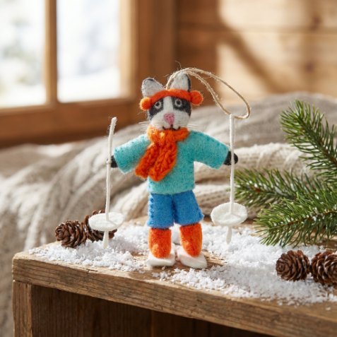 Handmade Felt Alpine Feline Skiing Cat Christmas Decoration