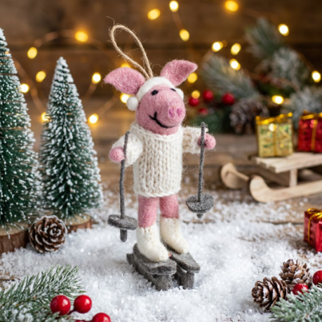 Handmade Felt Alpine Swine Hanging Pig Christmas Decoration