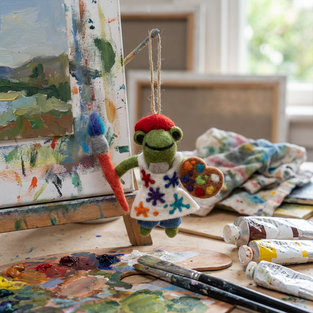 Handmade Felt André the Artist Frog Hanging Decoration