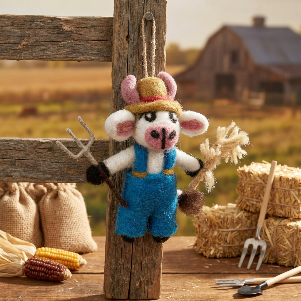 Handmade Felt Angus the Cow Hanging Farmer Decoration
