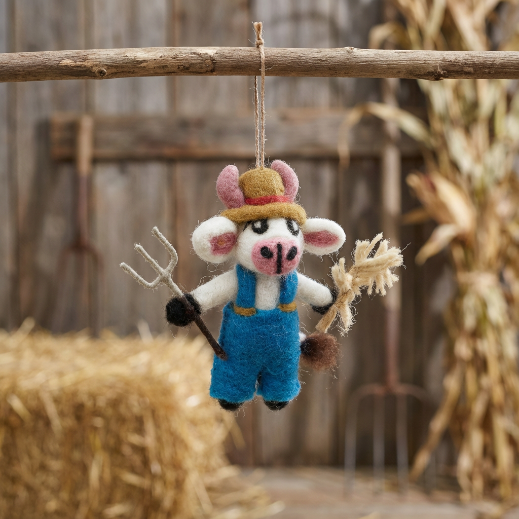 Handmade Felt Angus the Cow Hanging Farmer Decoration