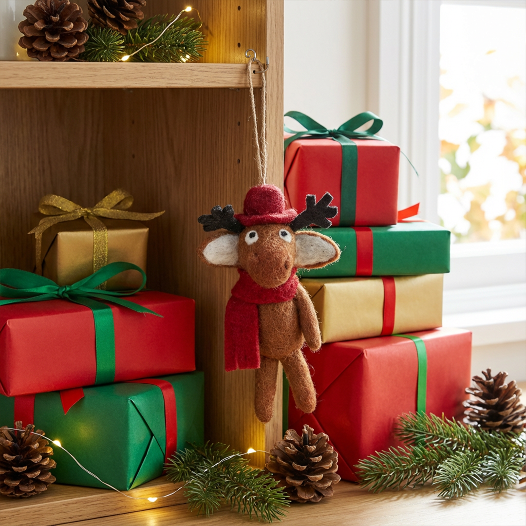 Handmade Felt Atticus the Moose Christmas Hanging Decoration