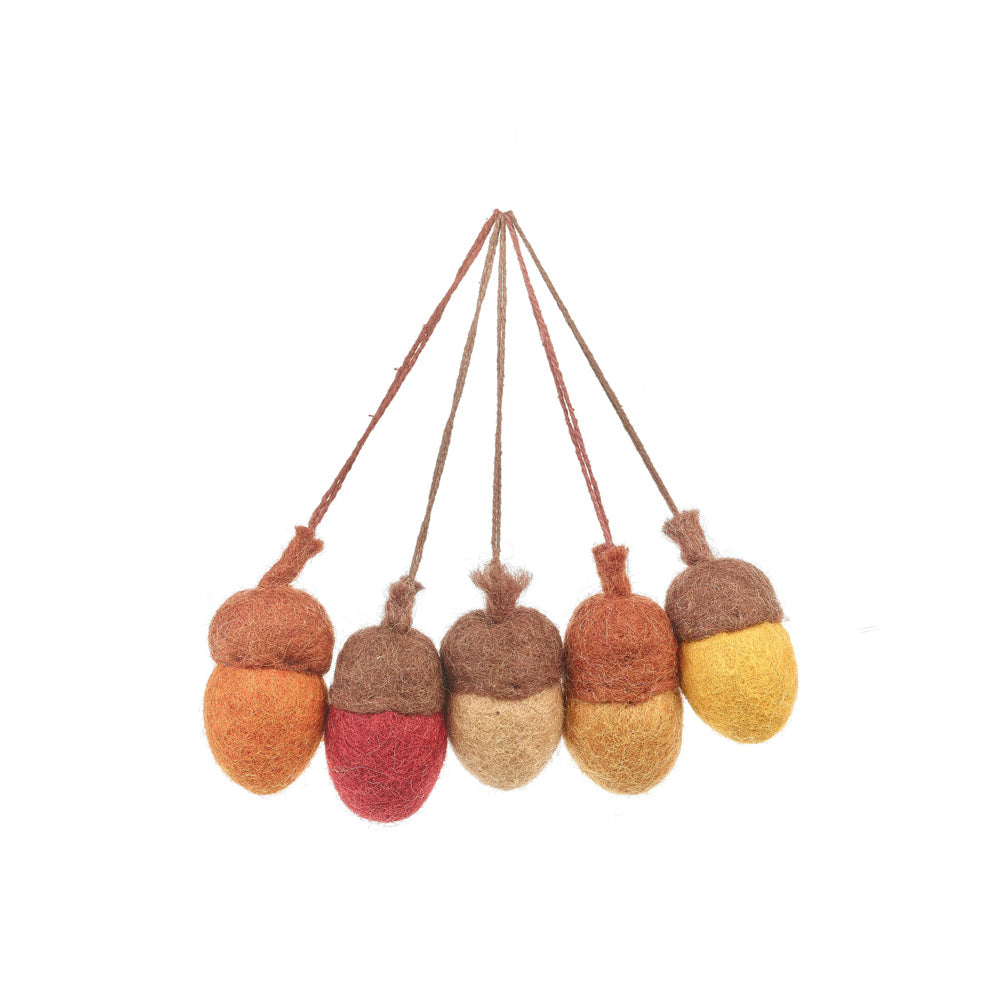 Handmade Felt Autumnal Acorns Set of 5 Hanging Decorations