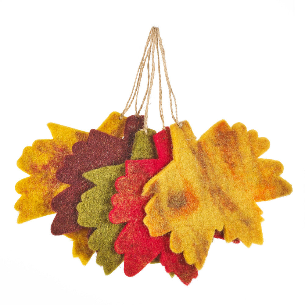 Handmade Felt Fair trade Autumnal Leaves (Set of 5) Hanging Decorations