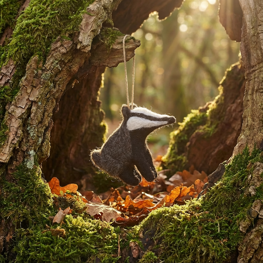 Handmade Felt Bertie Badger Hanging Biodegradable Decoration