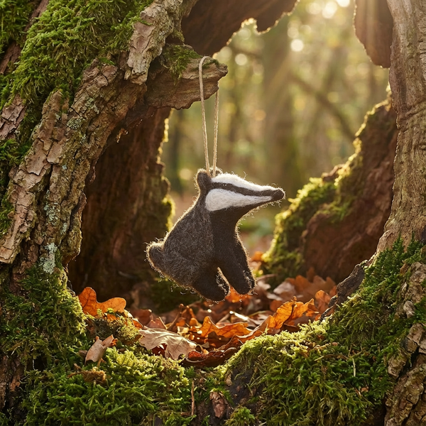 Handmade Felt Bertie Badger Hanging Biodegradable Decoration