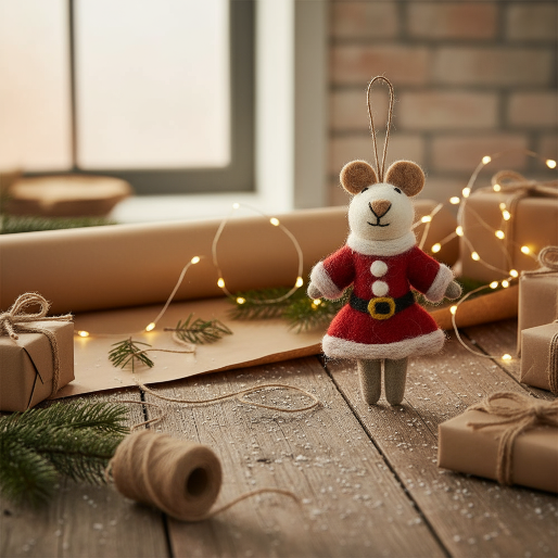 Handmade Felt Biodegradable Christmas Mrs Santa Paws Hanging Decoration