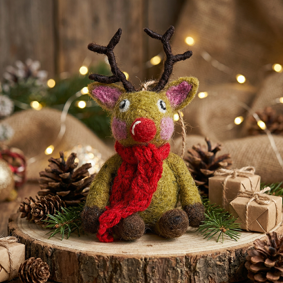Handmade Felt Biodegradable Christmas Reindeer with knitted Scarf Hanging Decoration