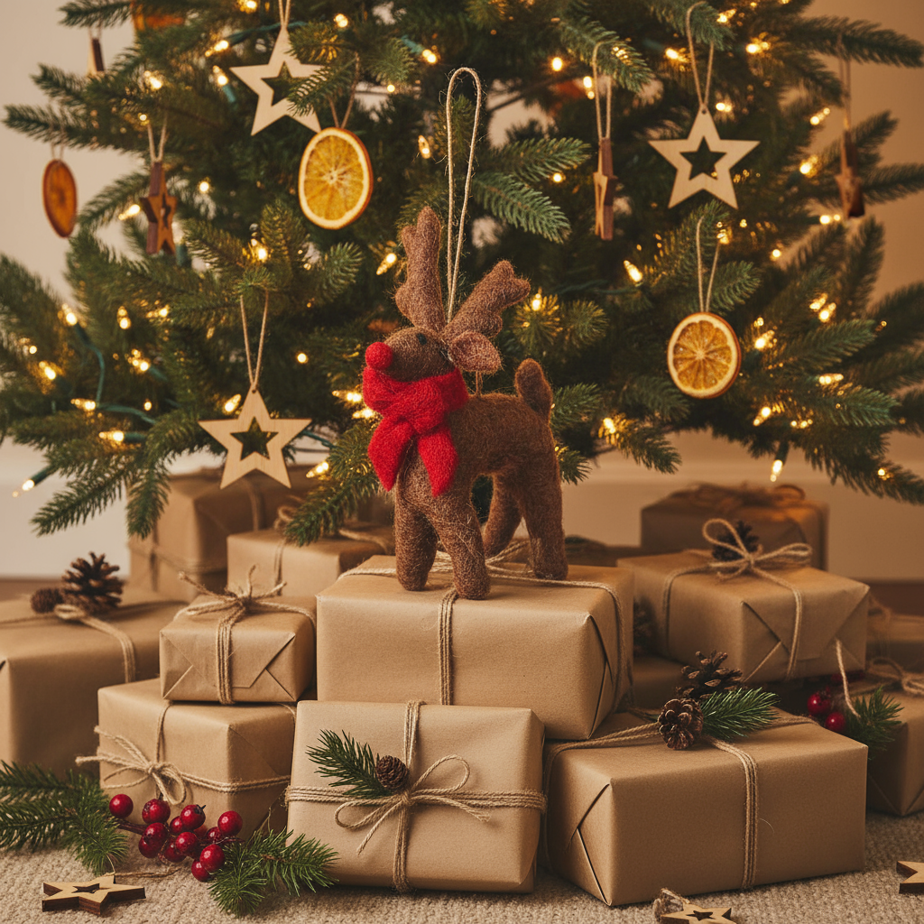 Handmade Felt Biodegradable Christmas Brown Rudolph Hanging Decoration