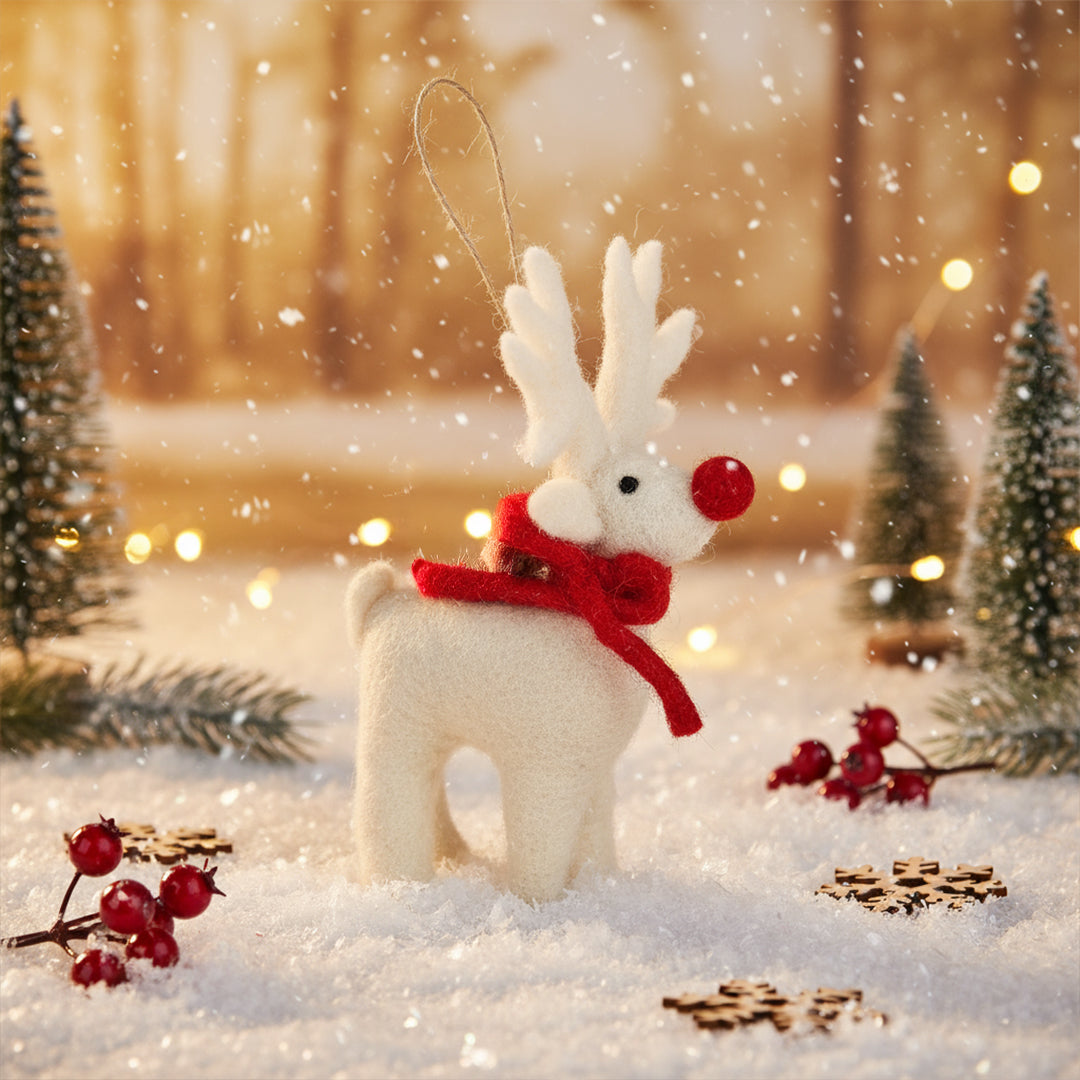 Handmade Felt Biodegradable Christmas White Rudolph Hanging Decoration