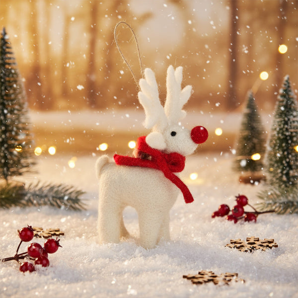 Handmade Felt Biodegradable Christmas White Rudolph Hanging Decoration
