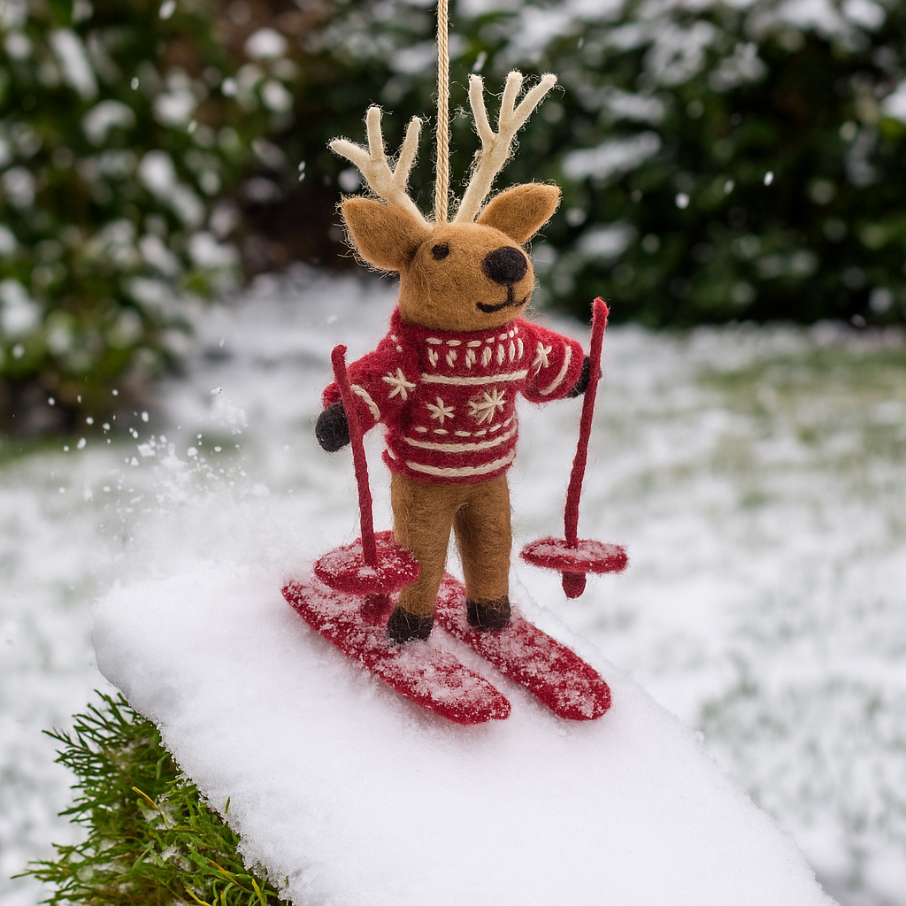 Handmade Felt Blitzen the Skiing Reindeer Hanging Christmas Decoration