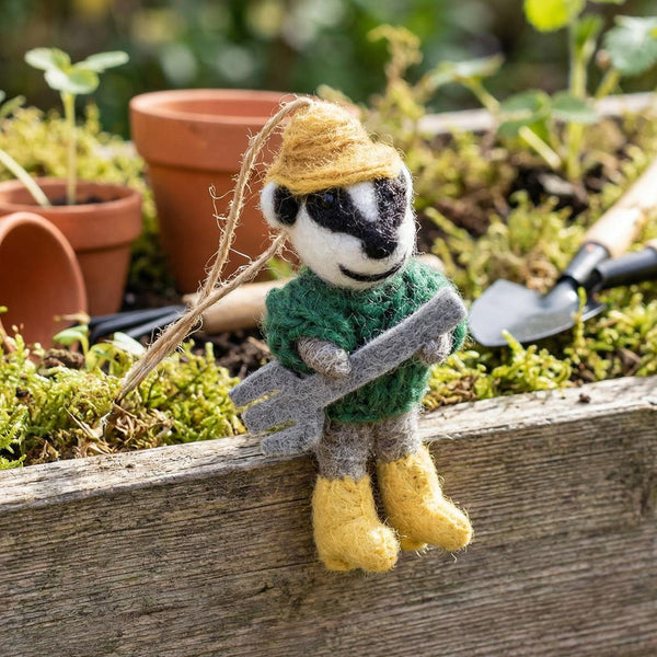 Handmade Felt Boris the Gardening Badger Hanging Decoration