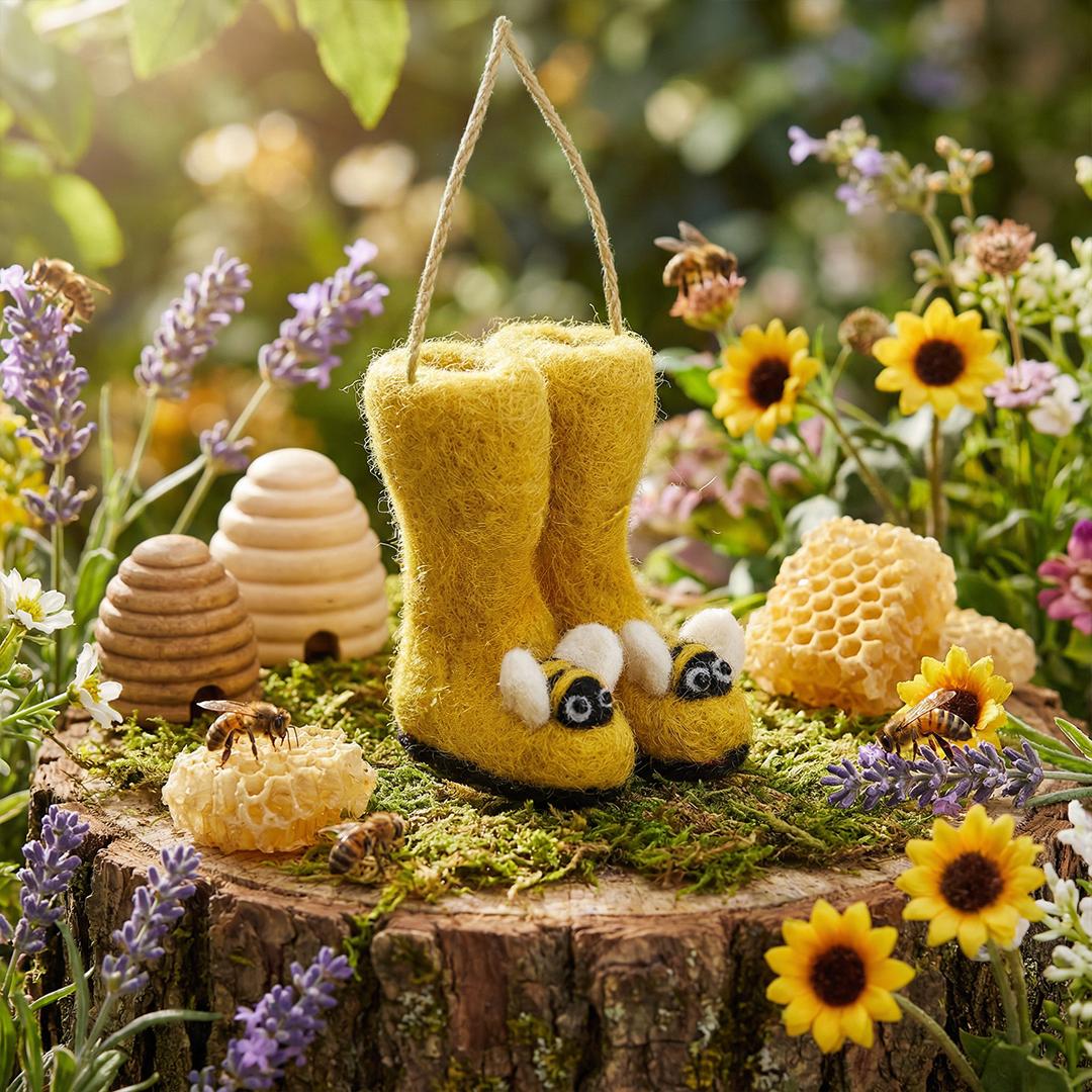 Handmade Felt Bumblebee Wellington Boots Hanging Decoration