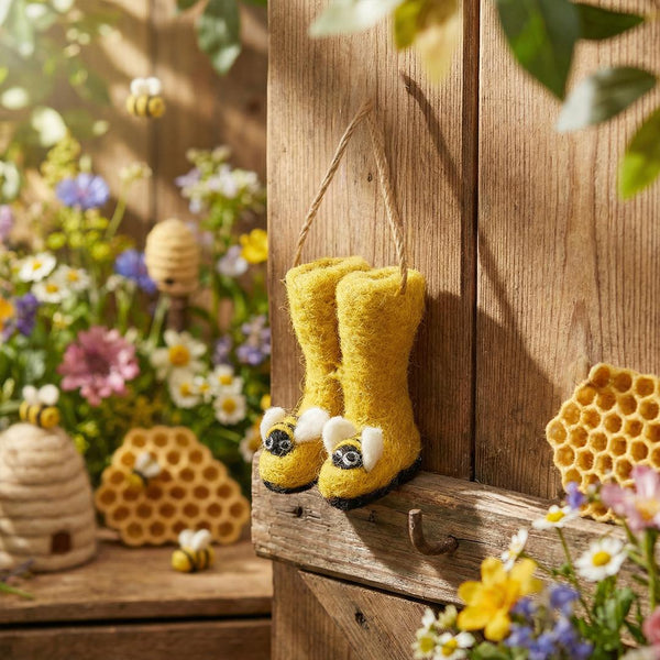 Handmade Felt Bumblebee Wellington Boots Hanging Decoration