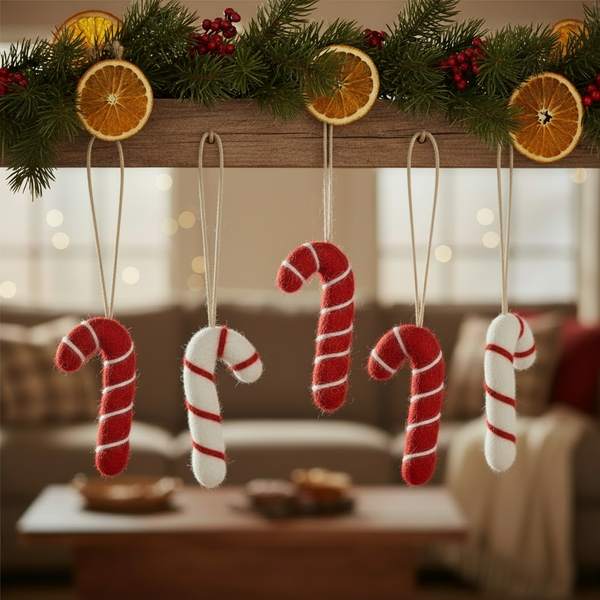 Handmade Felt Candy Cane Set of 5 Hanging Christmas Decorations