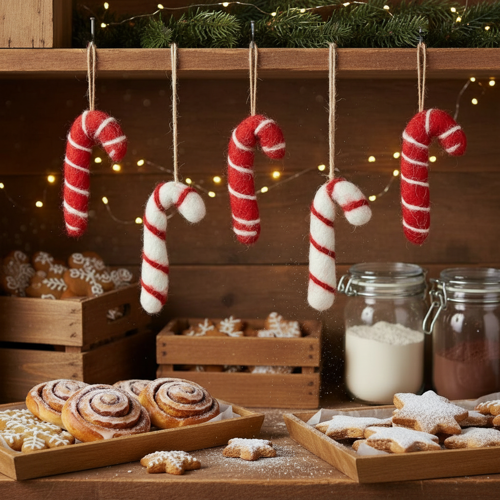 Handmade Felt Candy Cane Set of 5 Hanging Christmas Decorations