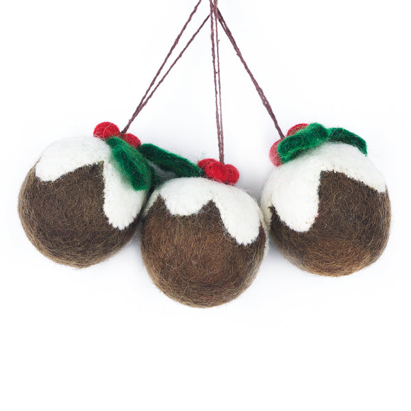 Handmade Felt Christmas Pudding Baubles (set of 3) Hanging Tree Decorations