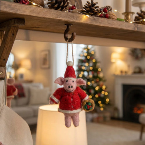 Handmade Felt Christmas Piglet Hanging Decoration