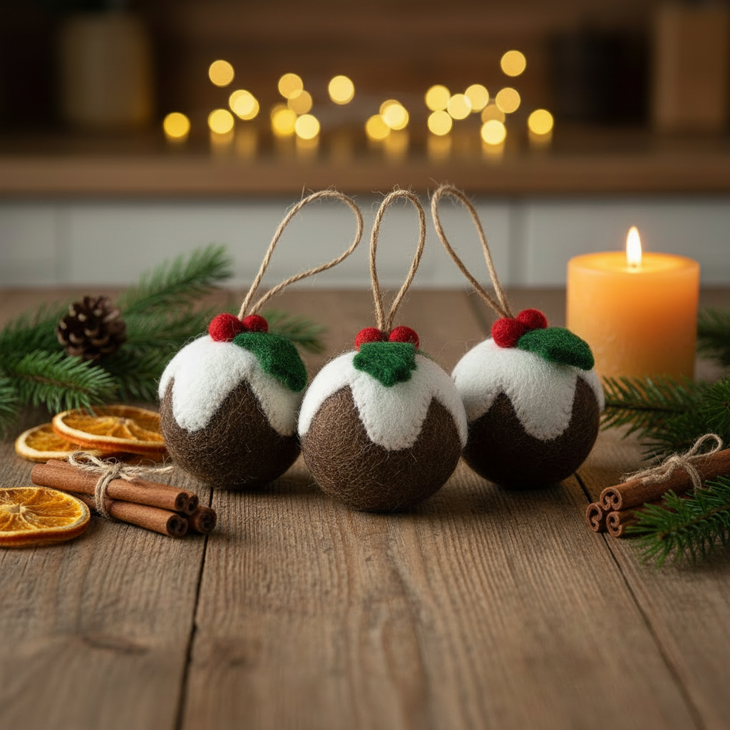 Handmade Felt Christmas Pudding Baubles (set of 3) Hanging Tree Decorations