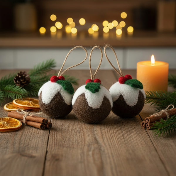 Handmade Felt Christmas Pudding Baubles (set of 3) Hanging Tree Decorations