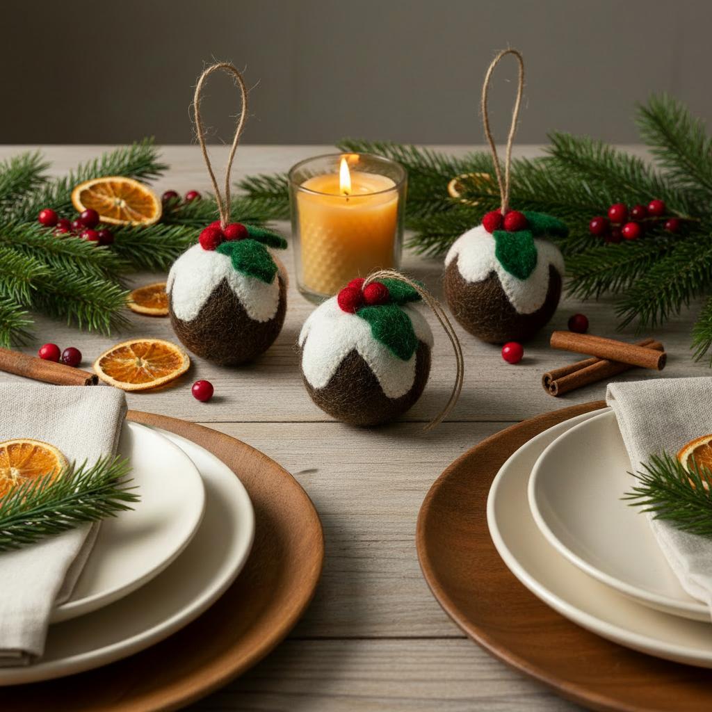 Handmade Felt Christmas Pudding Baubles (set of 3) Hanging Tree Decorations