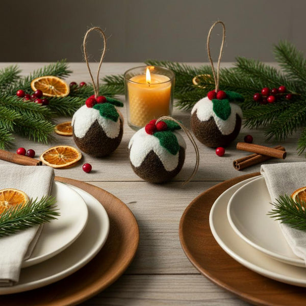 Handmade Felt Christmas Pudding Baubles (set of 3) Hanging Tree Decorations