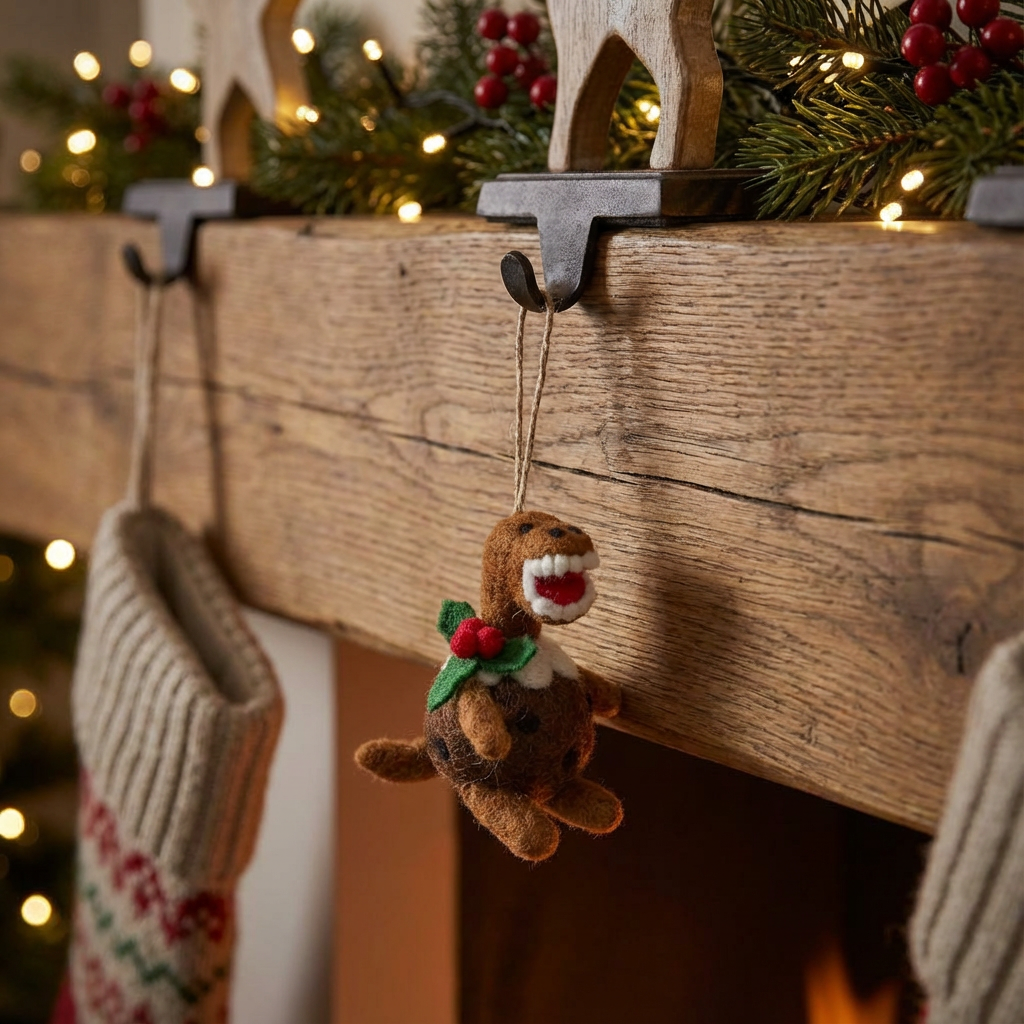 Handmade Felt Christmas Pudding T-Rex Hanging Decoration