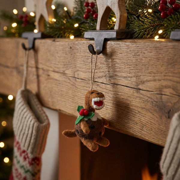 Handmade Felt Christmas Pudding T-Rex Hanging Decoration