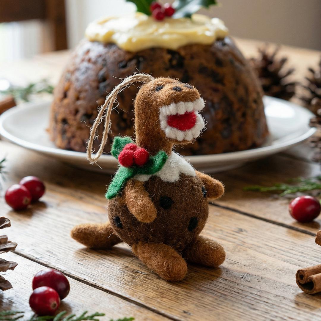 Handmade Felt Christmas Pudding T-Rex Hanging Decoration