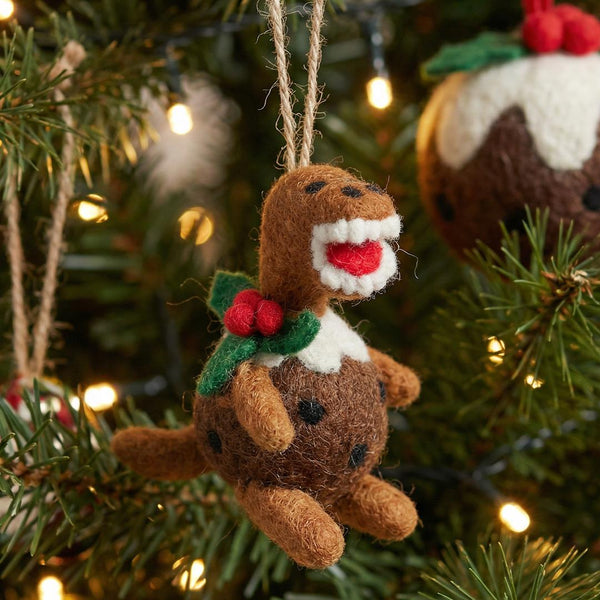 Handmade Felt Christmas Pudding T-Rex Hanging Decoration