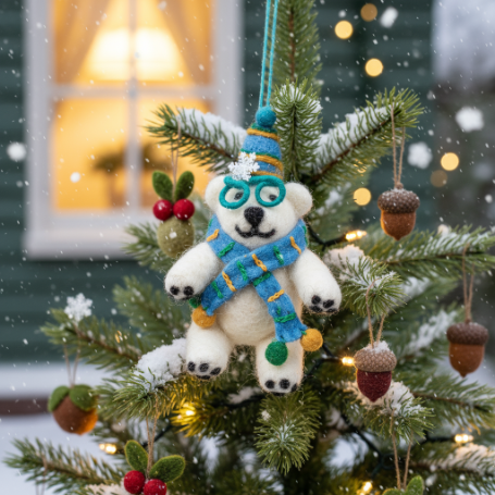 Handmade Felt Cosmo the Polar Bear Hanging Christmas Decoration
