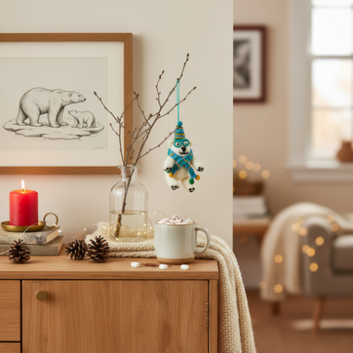 Handmade Felt Cosmo the Polar Bear Hanging Christmas Decoration