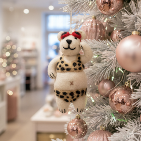 Handmade Felt Diva Polar Bear Hanging Christmas Decoration