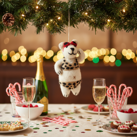 Handmade Felt Diva Polar Bear Hanging Christmas Decoration
