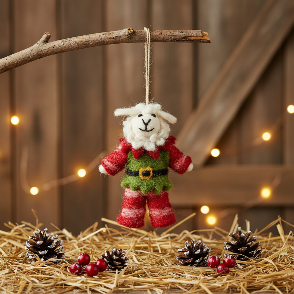 Handmade Felt Elfie Sheep Hanging Christmas Decoration